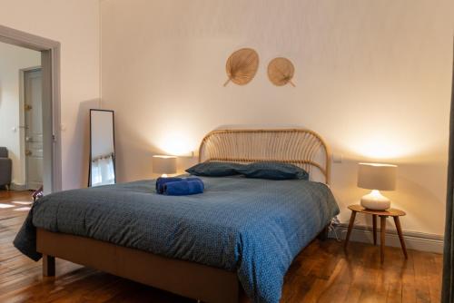 ein Schlafzimmer mit einem Bett mit einer blauen Decke und 2 Lampen in der Unterkunft Le Théodore Bac-Spacieux T2 - Coup de coeur en face de la gare des Bénédictins in Limoges