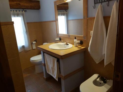 uma casa de banho com um lavatório, um WC e um espelho. em Apartamentos Tío José María em Hinojares