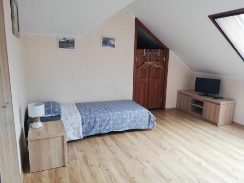 a bedroom with a bed and a television in it at Wieża nad Biebrzą in Dolistowo