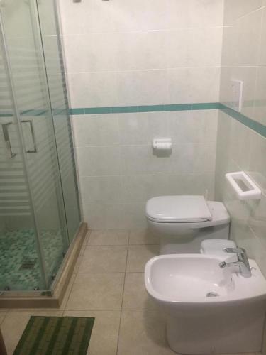 a bathroom with a shower and a toilet and a sink at Za Catarí in Campora San Giovanni