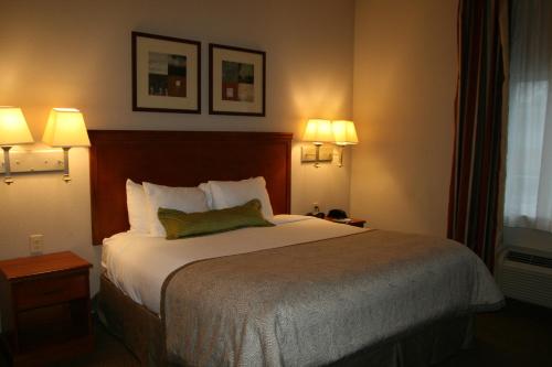 ein Hotelzimmer mit einem großen Bett mit zwei Lampen in der Unterkunft Candlewood Suites Bordentown-Trenton, an IHG Hotel in Bordentown