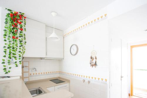 a kitchen with white cabinets and a plant on the wall at Peñiscola playa in Peñíscola