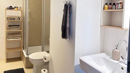 a bathroom with a white toilet and a sink at Gemütliches Apartment in Gelsenkirchen