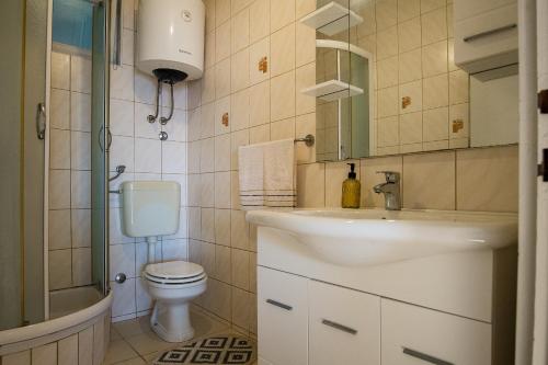La salle de bains est pourvue d'un lavabo et de toilettes. dans l'établissement Lemon tree, à Podaca