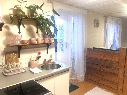 a kitchen with a sink and a window at Lille Lux Apartment in Viljandi