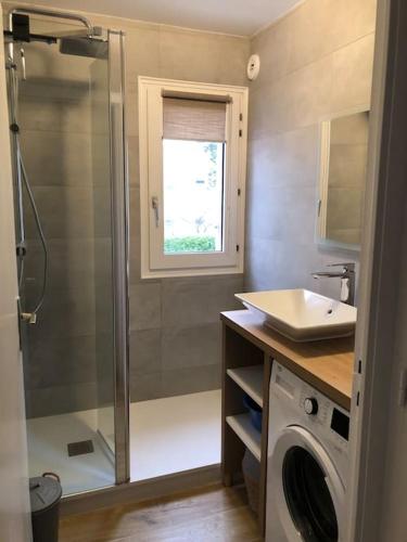 une salle de bain avec douche et lavabo et une machine à laver dans l'établissement Le Bigorn'O : T2 situé à 50 m de la plage, à Concarneau