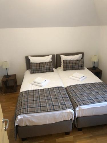 a bedroom with two beds with pillows and two lamps at Apartman DUSA in Kopaonik