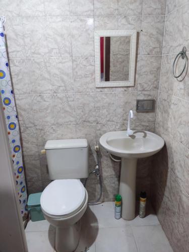 a bathroom with a toilet and a sink at Mangue House lll in Rio de Janeiro