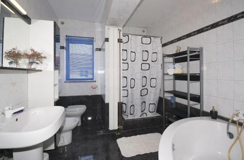 uma casa de banho com um lavatório, um WC e um chuveiro em Apartment Rosi, surrounded by greenery in a quiet location em Pula