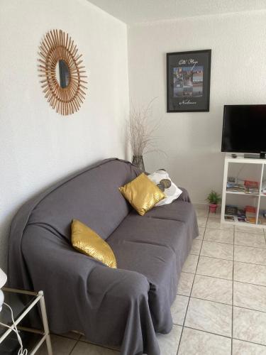 - un canapé gris dans le salon avec un miroir dans l'établissement Appartement proche des halles, à Narbonne