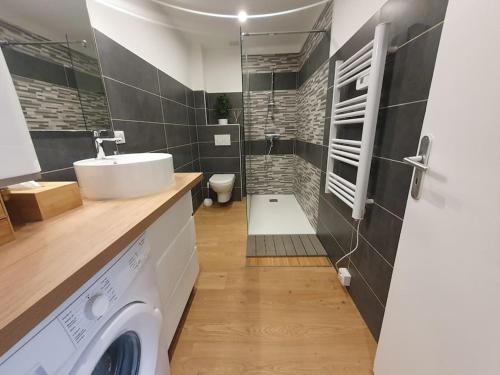 une salle de bain avec un lavabo et une machine à laver dans l'établissement Coup de cœur assuré, à Roquebrune-Cap-Martin