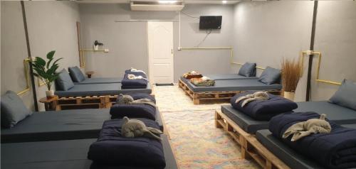 une chambre avec plusieurs lits bleus et une télévision dans l'établissement Raikhruewan Resort Muaklek ไร่เครือวัลย์ รีสอร์ท, à Muak Lek