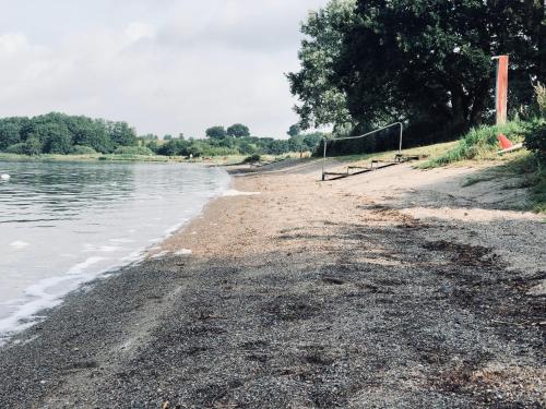 a sandy beach next to a body of water at HAUS ZWEINEUN in Brodersby