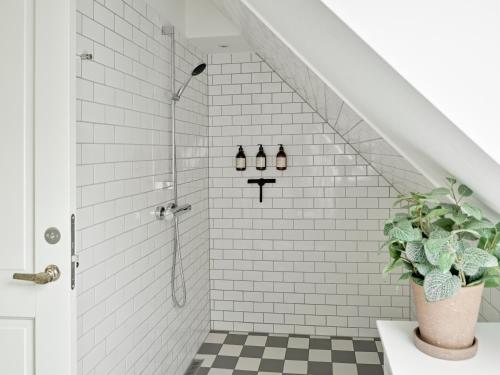 a bathroom with a shower and a potted plant at Rosenborg Hotel Apartments in Copenhagen