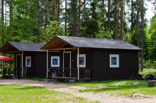 a black cabin in the woods with a red frisbee at Tammispea puhkeküla 