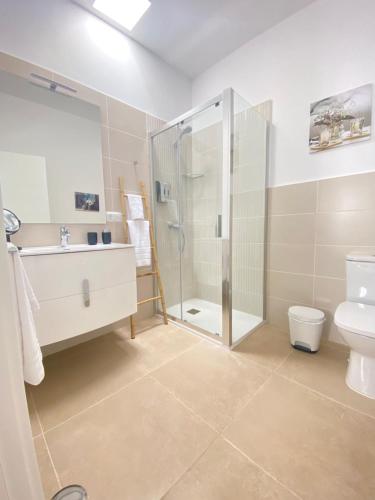 ein Bad mit einer Dusche, einem WC und einem Waschbecken in der Unterkunft Villa Residencial El Guaidil in Triquivijate