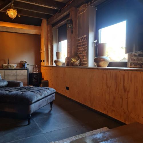 a living room with a bed and a window at VET - Bed & Breakfast in Beek