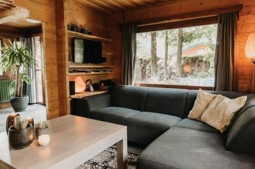 a living room with a couch and a table at Cosy and romantic forest house in Putten