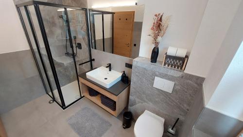 an overhead view of a bathroom with a shower and a sink at Ferienwohnung Ida in Lofer
