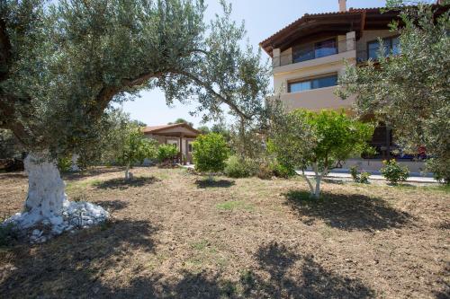 a yard with trees in front of a building at Serenity Sea-View Home in Afantou
