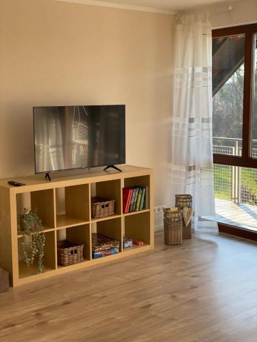 a living room with a flat screen tv on a shelf at Appartement Am Waldweg in Achern