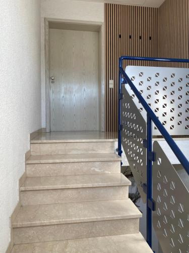 a set of stairs with a blue railing and a door at Appartement Am Waldweg in Achern