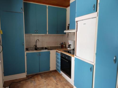 uma cozinha com armários azuis, um lavatório e um frigorífico em Björktorpet em Linneryd