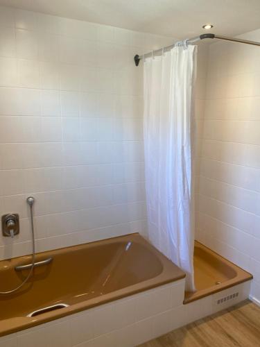 a bath tub with a shower curtain in a bathroom at Appartement Am Waldweg in Achern