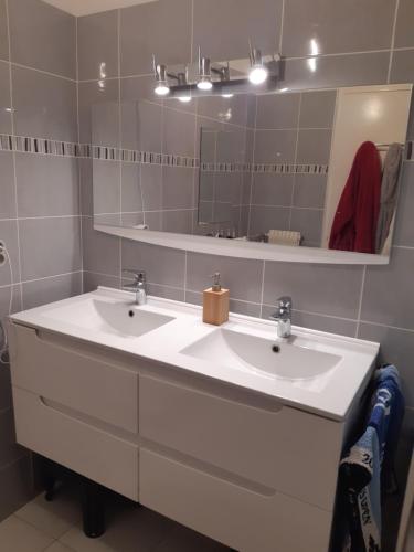 La salle de bains est pourvue de 2 lavabos et d'un miroir. dans l'établissement Appartement 3P avec garage proche aéroport, tramway et avec toutes commodités!, à Nice