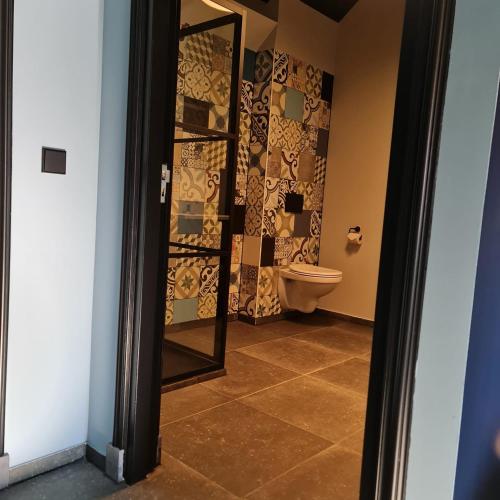 a bathroom with a toilet and a mirror at VET - Bed & Breakfast in Beek