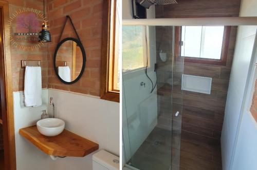 two pictures of a bathroom with a shower and a sink at Recanto da Paineira - Pedra da Balança in São Bento do Sapucaí