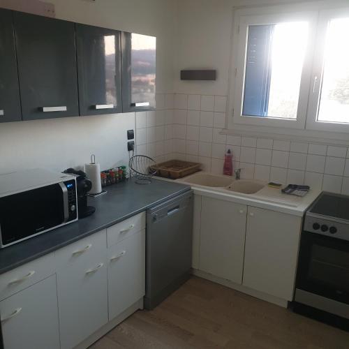 une cuisine avec des armoires blanches et un micro-ondes dans l'établissement Appartement 2 chambres proche gare, à Besançon