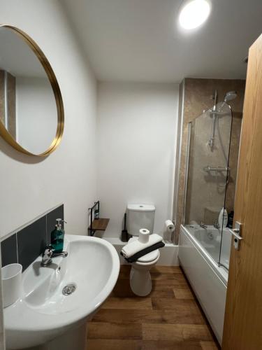 a bathroom with a sink and a toilet and a shower at Town House D in Dunston