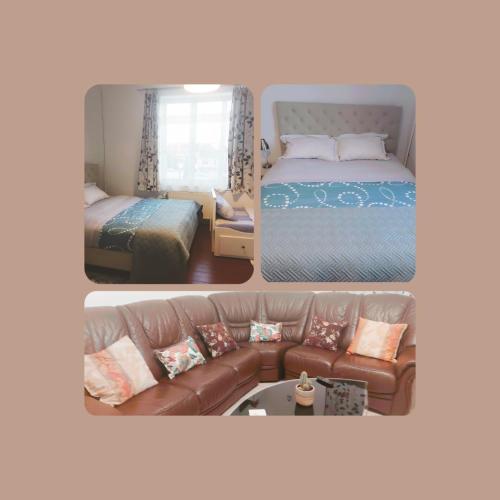 twee foto's van een kamer met een bed en een bank bij Belle chambre dans un quartier calme in Brussel