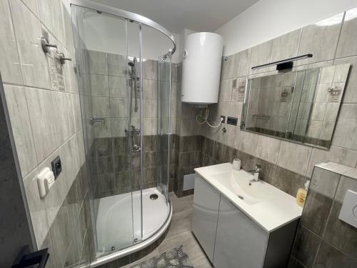 y baño con ducha, aseo y lavamanos. en Apartmány Prostřední, en Prostřední Bečva