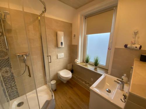 een badkamer met een douche, een toilet en een wastafel bij Ferienwohnung Maike in Lübeck