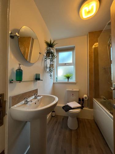 a bathroom with a sink and a toilet and a window at Town House B in Dunston