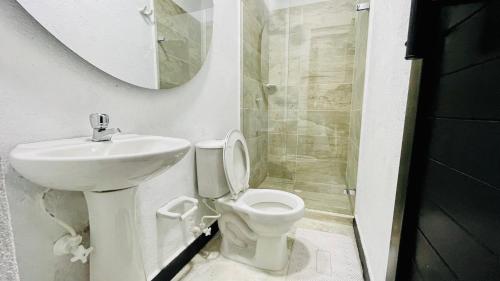 y baño con lavabo, aseo y espejo. en Venecia Loft, en Medellín