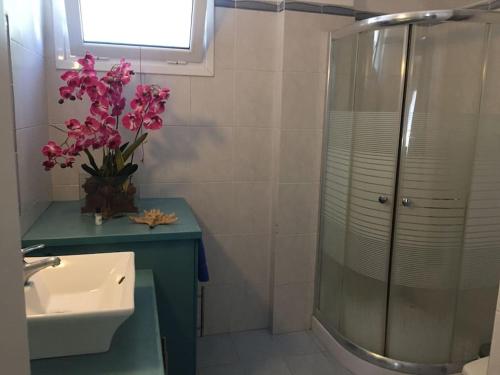 y baño con ducha, lavabo y flores rosas. en Ερέτρια ~Ένας προορισμός μια ανάσα από την Αθήνα, en Eretria