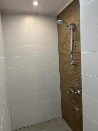 a shower stall with a shower head in a bathroom at Horizont Dobrinishte in Dobrinishte