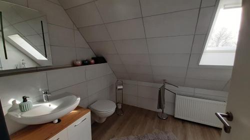 La salle de bains est pourvue d'un lavabo, de toilettes et d'un miroir. dans l'établissement Ferienhaus an der Ehe, à Großheide