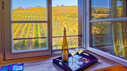 里屈埃維的住宿－Remparts de Riquewihr - Le Renard & les Raisins，窗户旁的托盘上放有一瓶葡萄酒和玻璃杯