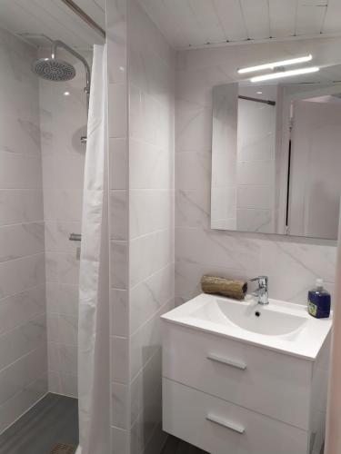 a white bathroom with a sink and a shower at La maison D'Orée in Polignac