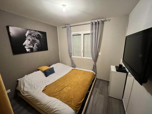 - une petite chambre avec un lit et une télévision dans l'établissement Brugière, à Vogüé