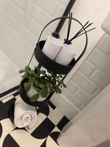 a black chandelier with a plant in a bathroom at Crown Street room only accommodation in Seahouses