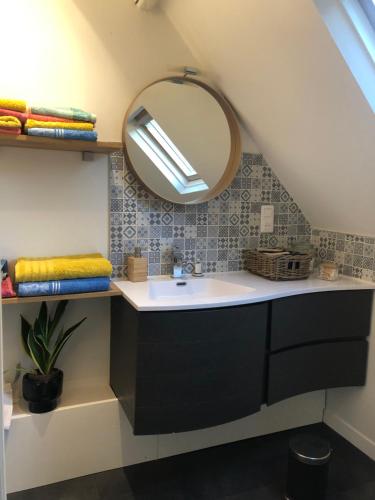 une salle de bain avec un lavabo et un miroir dans l'établissement Les Palombes, à Rochecorbon