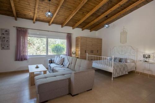 a living room with a couch and a baby crib at Serenity Studio Beach Home in Afantou