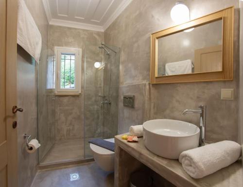 uma casa de banho com um lavatório, um chuveiro e um WC. em AVLI - Tranquil stonehouse in Lefkada em Aléxandros