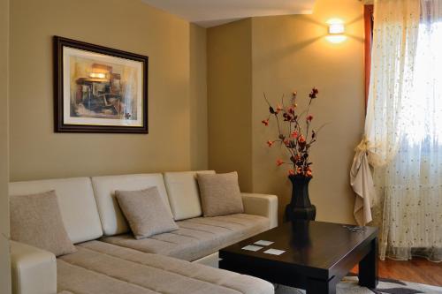 a living room with a couch and a table at Aurora Resort & Spa in Berovo