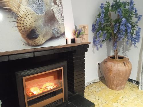 a living room with a fireplace and a vase of flowers at Casa Mónica in Villalba dels Arcs